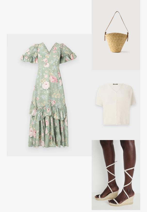 Cardigan à manches courtes, boutonné, en crème, avec un col en V et un tissu tricot léger texturé. Boutons lisses sur le devant.; Robe maxi florale en vert doux avec un décolleté en V, des manches bouffantes, des accents en volants et un ourlet à plusieurs niveaux. Présente des roses roses et de petites fleurs bleues.; Sandale compensée avec une semelle d'espadrille texturée, des brides beiges entrecroisées autour de la cheville, design à bout ouvert, matériau lisse ressemblant au cuir.; Sac seau en paille tissée avec une base large, un sommet étroit et une bandoulière en cuir marron ajustable.