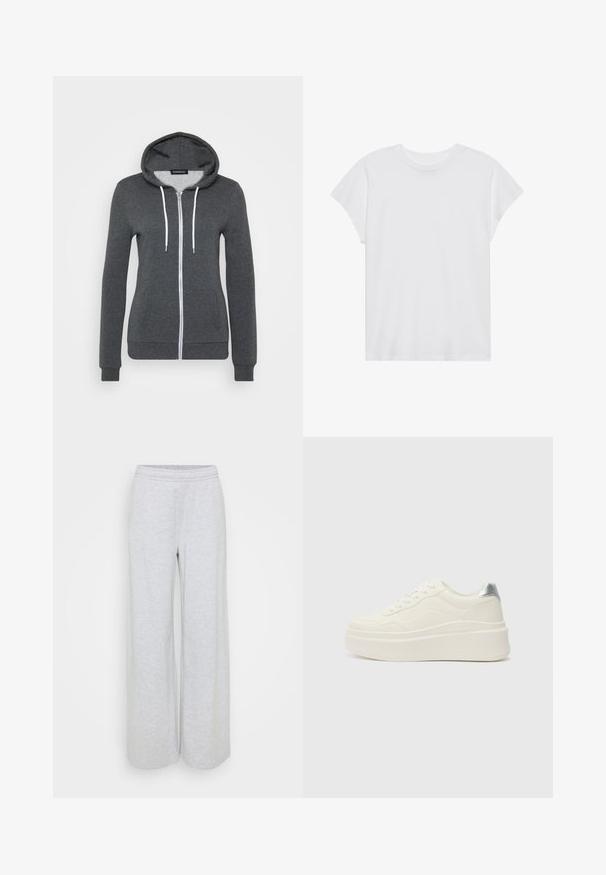 Grå zip-up hættetrøje lavet af blødt stof, med hætte, hvide snore og to frontlommer. Stramme mansjetter og kant.; Hvid kortærmet t-shirt med rund hals, afslappet pasform, lavet af blødt bomuldsstof. Glat tekstur, ingen mønstre eller logoer.; Lyse grå brede sweatpants, lavet af blødt bomuldsblandingsstof, med elastisk talje og uden synlige lommer. Glat tekstur.; Even&Odd Wide Fit Sneakers - white/silver-coloured