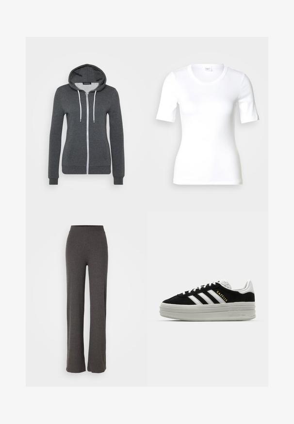 Grå zip-up hættetrøje lavet af blødt stof, med hætte, hvide snore og to frontlommer. Stramme mansjetter og kant.; Hvid T-shirt med korte ærmer lavet af glat bomuld, med rund halsudskæring og en tætsiddende pasform. Klassisk design uden mønstre eller detaljer.; Grå ribbet strikkede bukser med vid ben og elastisk talje. Stoffet har et tekstureret udseende, der giver en afslappet pasform.; Sort ruskind sneaker med hvide læderdetaljer, tre hvide striber, flade snørebånd og en tyk grå platformsål. Guldfarvet "Gazelle" branding.