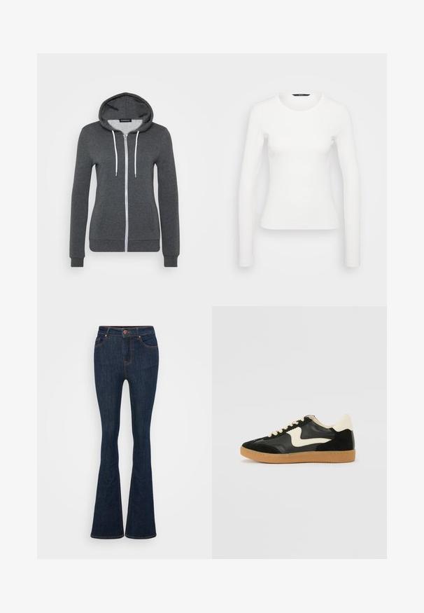 Grijze zip-up hoodie van zacht materiaal, met een capuchon, witte trekkoorden en twee voorzakken. Aansluitende boorden en zoom.; Witte lange mouwen ribbelshirt met een ronde halslijn en een getailleerde pasvorm. Soepele textuur met een eenvoudig ontwerp, zonder patronen of accenten.; Donkerblauwe spijkerbroek met uitlopende pijpen, zichtbaar stiksel, voorzakken en een knoopsluiting. Glad textuur met een lichte rek.; Zwarte suède en leren sneaker met een crèmekleurige zij-swoosh en lichte crèmekleurige hiel. Voorzien van beige veters en een gumrubberen zool.