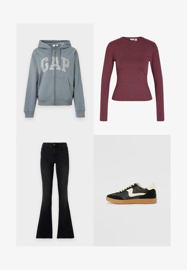 Sudadera con capucha gris con cremallera, bolsillos delanteros y capucha, con la palabra "GAP" en grandes pedrería blanca en el pecho.; Top ajustado de manga larga en color malva oscuro sólido con cuello redondo y sin dibujos ni adornos.; Jeans de campana negros hechos de denim. Cintura alta con cierre de botón, diseño elegante y piernas acampanadas pronunciadas en la parte inferior.; Zapatillas de deporte de ante y cuero negro con un swoosh lateral en crema y un talón en crema claro. Presenta cordones beige y una suela de goma marrón.