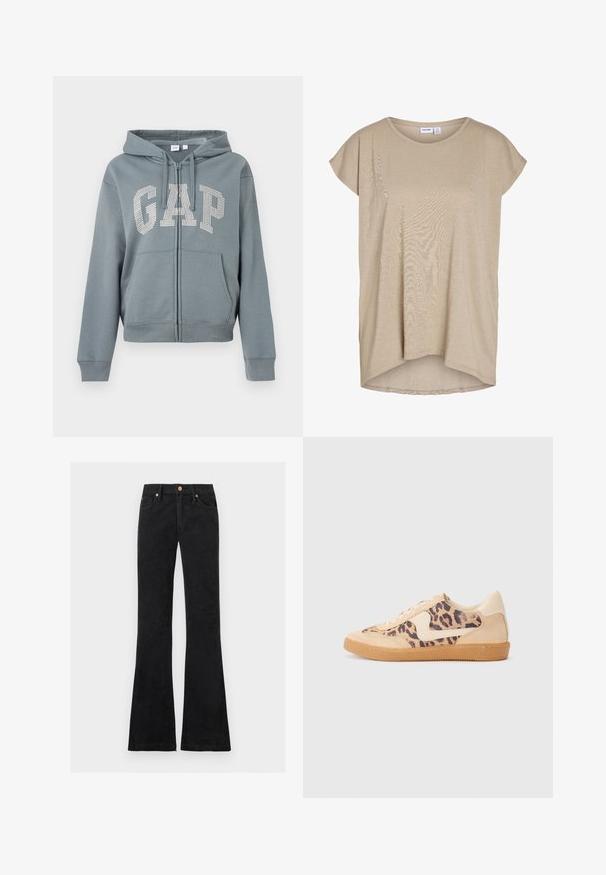 Sudadera con capucha gris con cremallera, bolsillos delanteros y capucha, con la palabra "GAP" en grandes pedrería blanca en el pecho.; Top de punto beige de manga corta, corte holgado, con cuello redondo y dobladillo trasero ligeramente más largo.; Vaqueros negros de talle alto con pierna acampanada, cierre delantero con botón y cremallera, y diseño de cinco bolsillos.; Zapatillas de leopardo con parte superior de ante beige, suela de goma marrón y acentos blancos. Punta redonda y diseño con cordones con un acabado texturado.