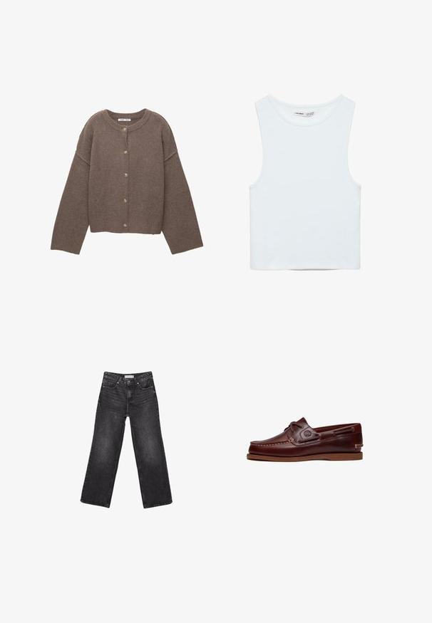 Bruine gebreide cardigan met een ronde halslijn, lange dolmanmouwen en vijf knopen aan de voorkant. Geribbelde zoom en manchetten. Zachte textuur.; Witte mouwloze crop top met ronde hals, gemaakt van gladde stof, met Pull&Bear-label, geschikt voor casual wear.; Zwarte denim jeans met wijde pijpen, voor- en achterzakken, knoopsluiting en riemlussen, plat gelegd op een witte achtergrond.; Bruine leren boot schoen met veters, stiksel details en Timberland-logo aan de zijkant, weergegeven op een witte achtergrond.
