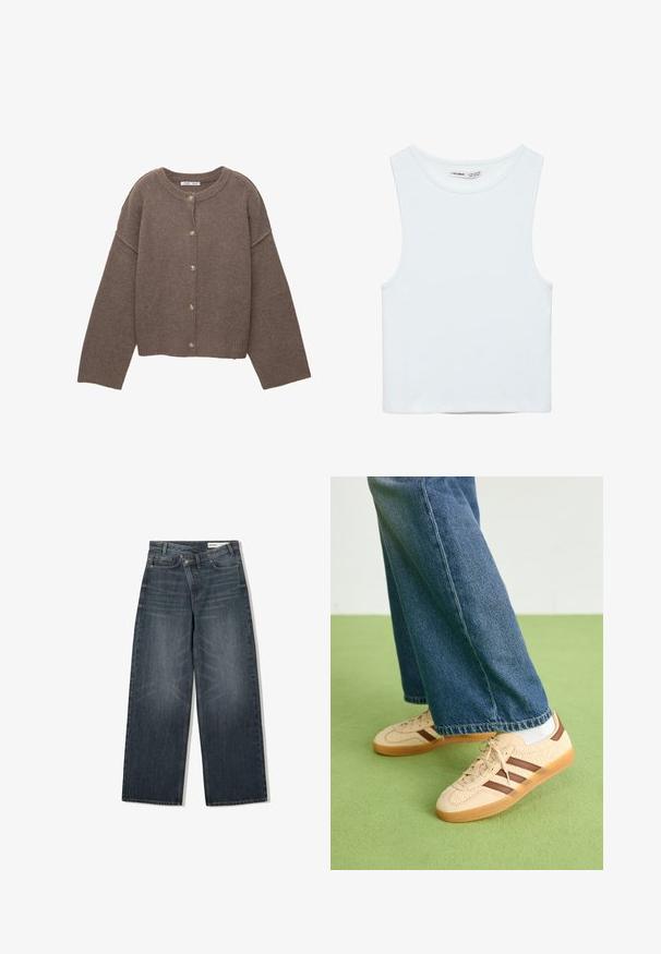 Brun strikket cardigan med rund halsudskæring, lange dolmanærmer og fem knapper ned foran. Ribbet kant og ærmegab. Blød tekstur.; Hvid ærmeløs crop top med rund halsudskæring, lavet af glat stof, mærket Pull&Bear, egnet til afslappet brug.; Mørk vaskede denim jeans med en bred benudskæring, der har høj talje, fem lommer og diskrete slidser på forsiden.; Beige sneakers med teksturerede cremefarvede paneler og brune striber, parret med blå denim jeans. Jeansene har brede ben og en frynset kant.