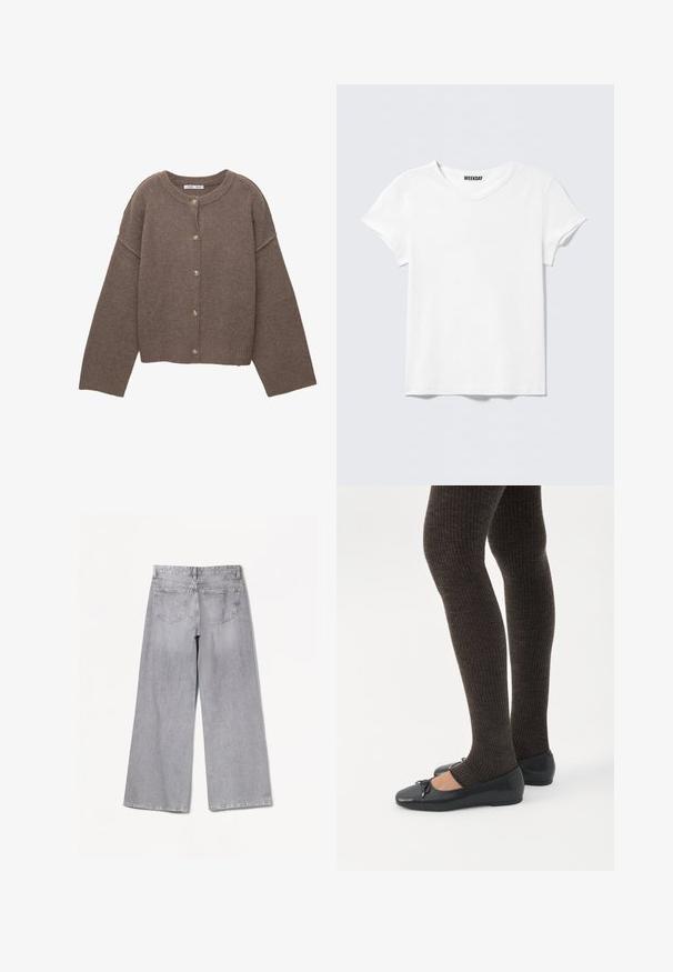 Cardigan marron tricoté avec un col rond, des manches longues dolman et cinq boutons sur le devant. Ourlet et poignets côtelés. Texture douce.; T-shirt blanc uni à manches courtes avec col en V et une petite étiquette "WEEKDAY" à l'intérieur du col, présenté sur un fond gris clair.; Jean large gris à taille haute, avec une texture lisse, deux poches arrière et des détails de couture subtils.; Jambes portant des leggings côtelés foncés associés à des ballerines noires avec de petits détails en nœud sur fond blanc.