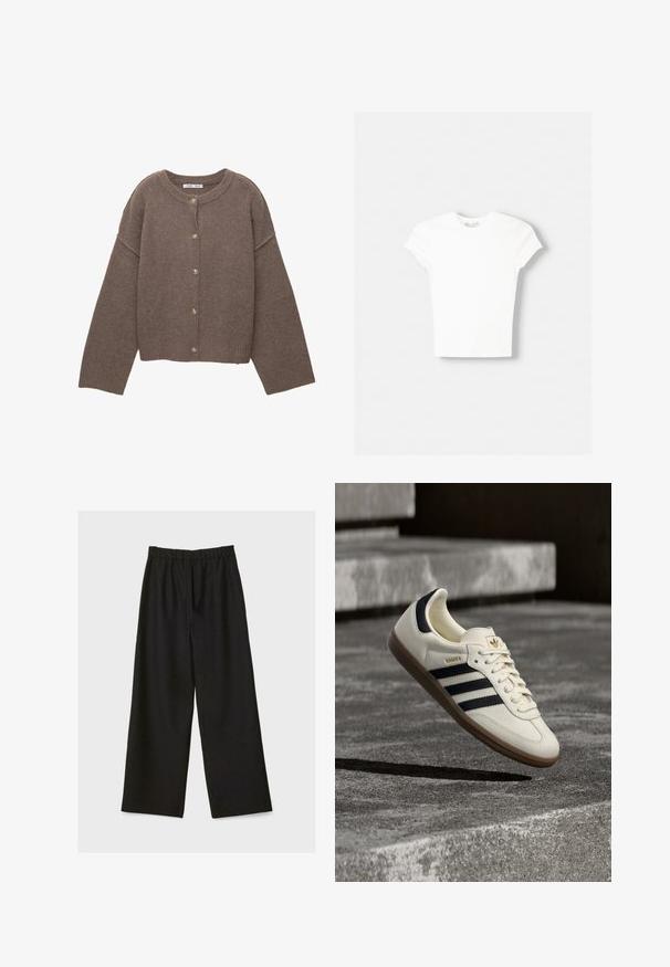 Bruine gebreide cardigan met een ronde halslijn, lange dolmanmouwen en vijf knopen aan de voorkant. Geribbelde zoom en manchetten. Zachte textuur.; Witte t-shirt met korte mouwen van zachte katoen, met een ronde halslijn en een getailleerde vorm. Geen zichtbare patronen of versieringen.; Zwarte wide-leg broek met elastische tailleband, plat weergegeven op een lichte achtergrond.; Witte Adidas Samba sneaker met zwarte strepen en gumzool, zwevend boven gestructureerde grijze betonnen treden.