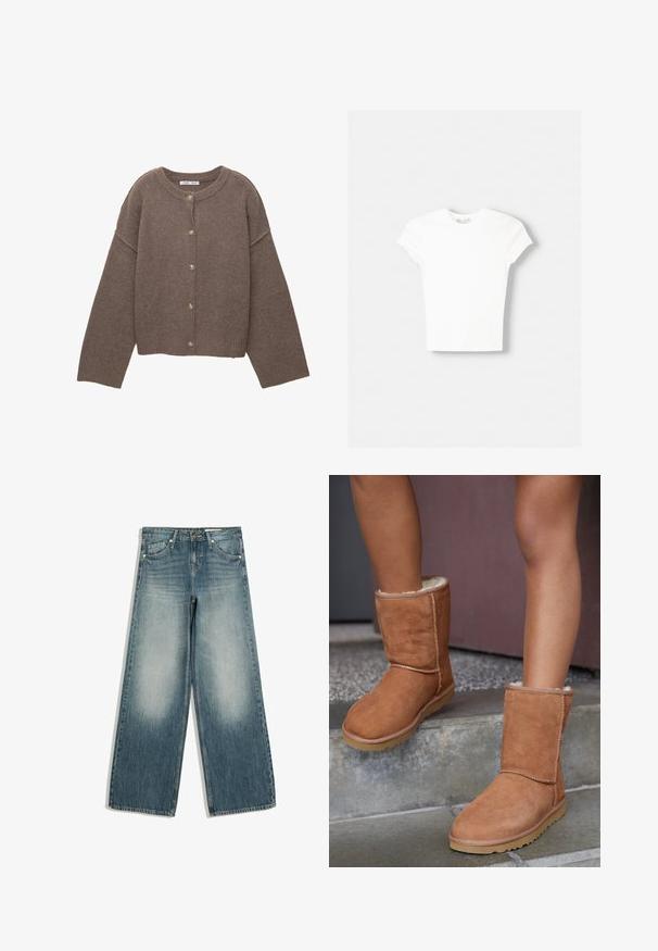 Cardigan marron tricoté avec un col rond, des manches longues dolman et cinq boutons sur le devant. Ourlet et poignets côtelés. Texture douce.; T-shirt blanc à manches courtes en coton doux, avec un col rond et une coupe ajustée. Pas de motifs ni d'ornements visibles.; Jean large bleu avec zones avant des cuisses délavées, poches avant, passants de ceinture et fermeture par bouton.; Bottines en suede marron, à bout rond, avec une doublure douce et une semelle en caoutchouc, présentant des détails de couture visibles le long des coutures.