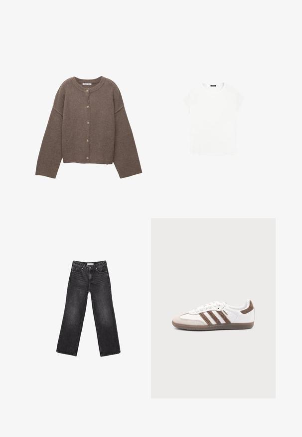 Brun strikket cardigan med rund halsudskæring, lange dolmanærmer og fem knapper ned foran. Ribbet kant og ærmegab. Blød tekstur.; Hvid bomulds t-shirt med rund halsudskæring og korte ærmer. Enkel design, ingen mønstre eller accenter. Blød, glat tekstur.; Sorte denimjeans med brede ben, for- og baglommer, knaplukning og bæltestropper, lagt fladt på en hvid baggrund.; Hvid Adidas Samba sneaker med brune ruskindstriber, brun gummisål og beige ruskindståhætte, vist fra ydersiden på en ensfarvet baggrund.
