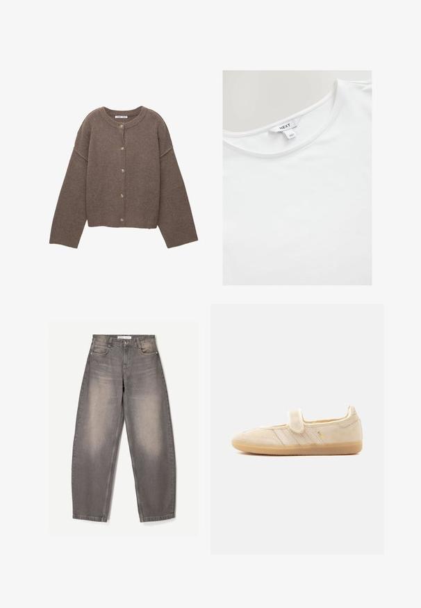 Bruine gebreide cardigan met een ronde halslijn, lange dolmanmouwen en vijf knopen aan de voorkant. Geribbelde zoom en manchetten. Zachte textuur.; Witte T-shirt met korte mouwen, gemaakt van zachte katoen, met een ronde halslijn en een label met "NEXT" op de binnenkant van de rug.; Grijze spijkerbroek met wijde pijpen, gemaakt van denim, met subtiele vervaging, vijf zakken, riemlussen en een knoopsluiting bij de taille.; Beige suède Mary Jane sneaker met klittenbandsluiting, rubberen zool, drie gestikte strepen en gouden "SAMBA"-branding aan de zijkant.