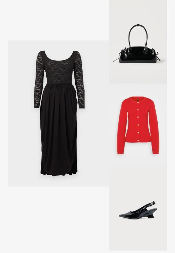 Cardigan tricoté rouge avec des manches longues, un col rond et six boutons dorés. Il dispose de deux poches avant avec des poignets et un ourlet côtelés.; Robe de soirée noire avec manches longues en dentelle et corsage, encolure dégagée, et jupe fluide plissée.; Chaussure slingback en cuir verni noir avec bout pointu et petit talon bloc incliné sur fond clair uni.; Petit sac à main noir brillant avec deux longues anses et des détails à cordon sur les côtés sur un fond clair uni.