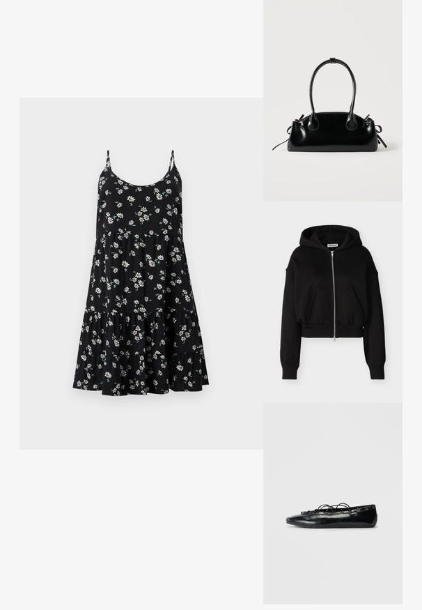 Sweat à capuche court noir avec fermeture éclair, manches longues, poches kangourou à l'avant, ourlet et poignets côtelés, et une capuche attachée.; Robe noire sans manches avec fines bretelles, jupe à volants et motif floral de marguerites blanches avec feuilles vertes.; Bottine plate noire à bout pointu avec un laçage à l'avant et des œillets le long des bords, présentée sur un fond blanc.; Petit sac à main noir brillant avec deux longues anses et des détails à cordon sur les côtés sur un fond clair uni.