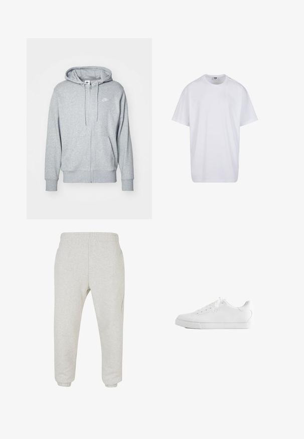 Grau zip-up Hoodie aus weichem Stoff mit einer Kängurutasche, teilschnürbare Kapuze und einem kleinen weißen Logo auf der Brust.; Schlichtes weißes Kurzarm-T-Shirt aus Baumwolle mit Rundhalsausschnitt und sichtbarem Größen- sowie Markenlabel im Innenkragen.; Hellgraue Sweatpants mit einem elastischen Bund, schmal zulaufenden Beinen und seitlichen Taschen. Hergestellt aus einem weichen, strukturierten Stoff ohne sichtbare Muster.; Weißer Low-Top-Sneaker mit Schnürsenkeln, glattem Lederobermaterial und flacher Gummisohle, seitlich auf weißem Hintergrund gezeigt.
