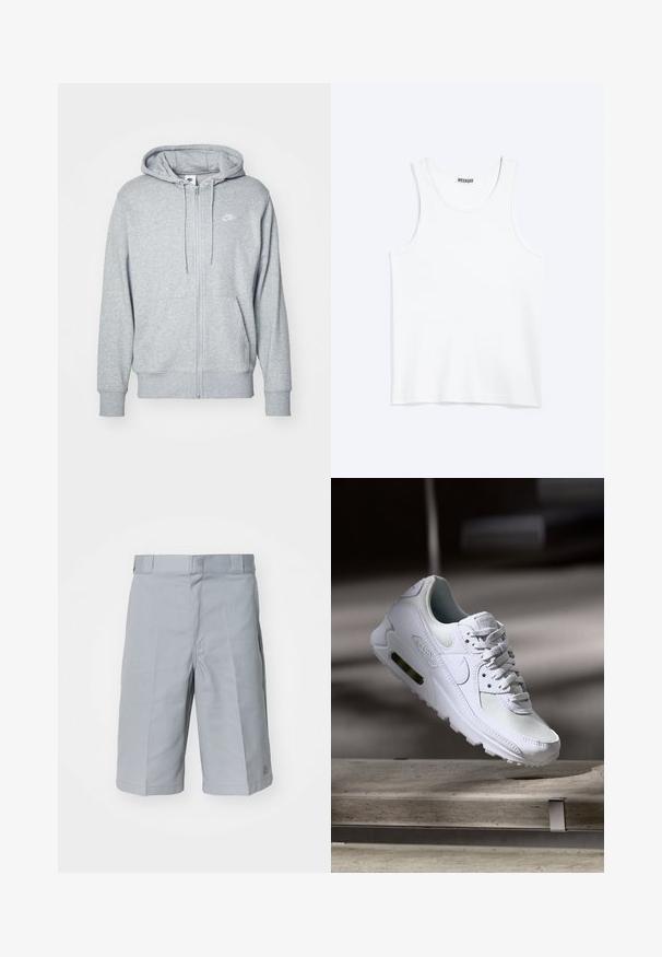 Grau zip-up Hoodie aus weichem Stoff mit einer Kängurutasche, teilschnürbare Kapuze und einem kleinen weißen Logo auf der Brust.; Weißes ärmelloses Tanktop mit rundem Ausschnitt und Weekday-Markenetikett auf der Innenseite des hinteren Kragens, flach auf hellem Hintergrund dargestellt.; Helle graue Shorts aus strapazierfähigem Stoff, mit geradem Schnitt, einem Bund mit Gürtelschlaufen und dezenten Falten-Details.; Weiße Nike Air Max 90 Sneaker mit einem Obermaterial aus Mesh und Leder, durchlässigem Zehenbereich und einer sichtbaren Air-Einheit in der Ferse.