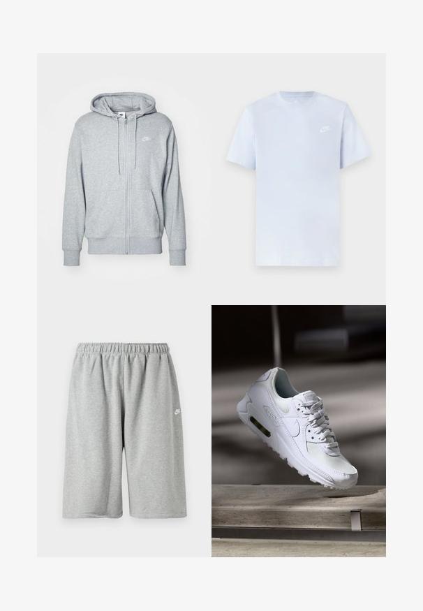Grå zip-up hættetrøje lavet af blødt stof med en kangaroo-lomme, snørrelukning og et lille hvidt logo på brystet.; Lyseblå bomulds t-shirt med korte ærmer, rund hals og et hvidt Nike-logo trykt på venstre bryst. Glat tekstur, simpelt design.; Grå bomuldsshorts med elastik i taljen, med løs pasform og et lille hvidt logo nær kanten. Glat tekstur, længde over knæet.; Hvide Nike Air Max 90 sneakers med en overdel i mesh og læder, perforeret tåboks og en synlig luftenhed i hælen.
