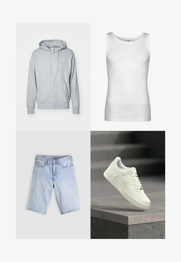 Grau zip-up Hoodie aus weichem Stoff mit einer Kängurutasche, teilschnürbare Kapuze und einem kleinen weißen Logo auf der Brust.; Weißes ärmelloses Ripptanktop mit rundem Ausschnitt und geradem Saum, auf einfachem Hintergrund dargestellt.; Hellblaue Jeansshorts mit vorderem Knopf und Reißverschluss, Gürtelschlaufen und einem Fünf-Taschen-Design, flach auf einem weißen Hintergrund liegend.; Weißer Ledersneaker mit niedrigem Profil, strukturierter Oberfläche, Perforationen an der Spitze und silbernen Akzenten an den Schnürsenkeln und dem Branding.