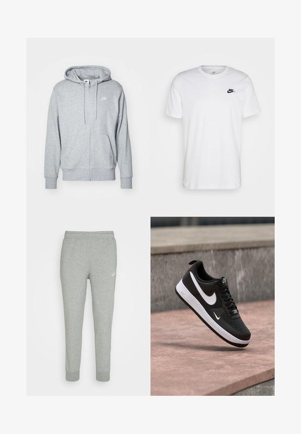 Grå zip-up hættetrøje lavet af blødt stof med en kangaroo-lomme, snørrelukning og et lille hvidt logo på brystet.; Hvid bomulds T-shirt med rund hals, korte ærmer og et sort Nike-logo på venstre bryst. Enkel, ensfarvet design.; Grå sweatpants lavet af blødt stof, med tapered ben design, elastisk talje og lille hvid Nike-logo på venstre lår.; Sort-hvid Nike Air Force 1 sneaker svævende over en lyserød betonflade med en grå stenbaggrund.