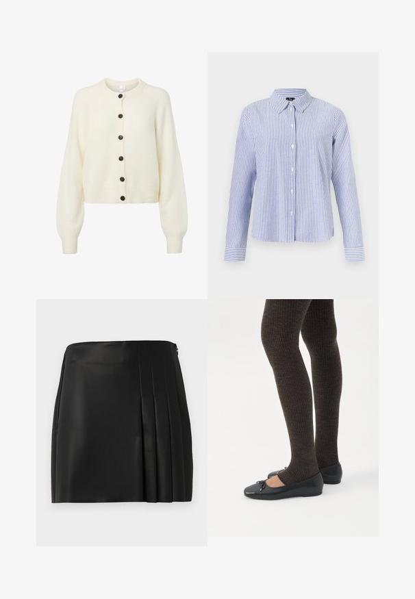 Cardigan doux blanc en tricot avec des manches longues, des bords côtelés aux poignets et à l'ourlet, et six boutons foncés sur le devant.; Chemise à manches longues boutonnée, avec des rayures verticales blanches et bleu clair et un col pointu, présentée sur un fond uni.; Jupe mini en faux cuir noir avec un devant lisse et des plis sur le côté droit, équipée d'une fermeture éclair au dos.; Jambes portant des leggings côtelés foncés associés à des ballerines noires avec de petits détails en nœud sur fond blanc.