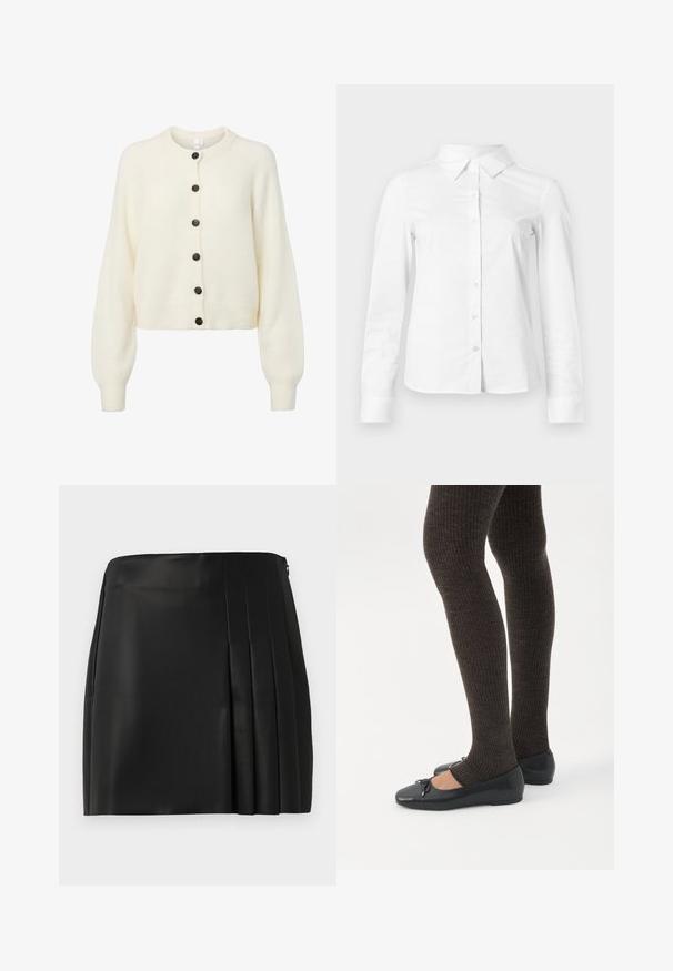 Zachte witte gebreide cardigan met lange mouwen, geribde manchetten en zoom, en zes donkere knopen in het midden van de voorkant.; Witte blouse met lange mouwen en knopen, met puntige kraag, rechte zoom en aansluitende silhouet, weergegeven op een effen lichte achtergrond.; Zwarte neplederen mini-jurk met een gladde voorkant en plissé-detail aan de rechterzijde, voorzien van een ritsluiting aan de achterkant.; Benen met donkere geribbelde leggings gecombineerd met zwarte ballerina's met kleine strikdetails op een witte achtergrond.
