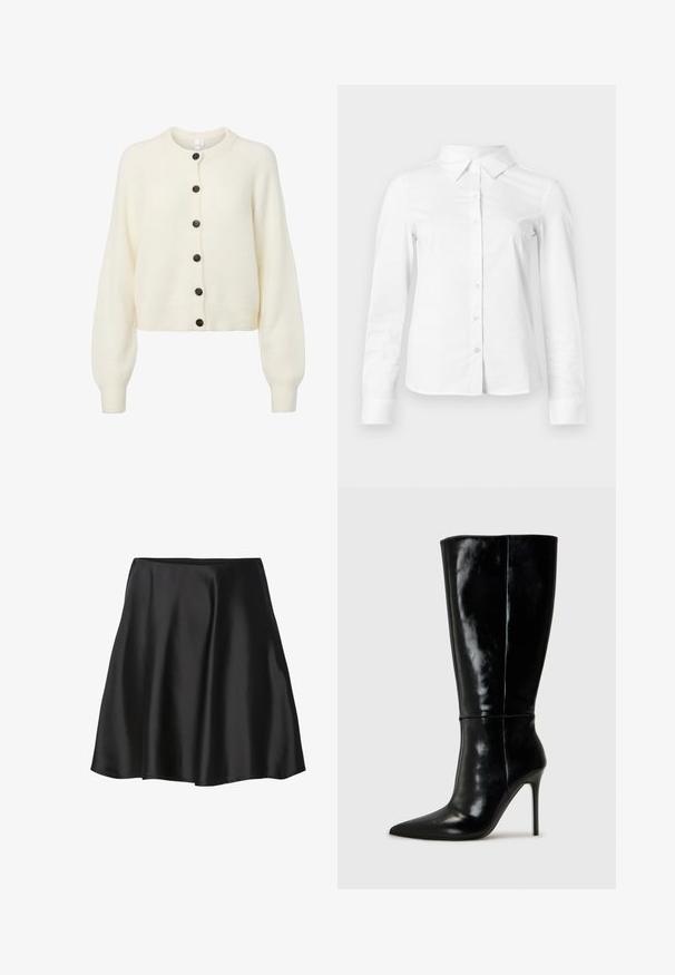 Cardigan doux blanc en tricot avec des manches longues, des bords côtelés aux poignets et à l'ourlet, et six boutons foncés sur le devant.; Chemise blanche à manches longues avec boutons, col pointu, ourlet droit et silhouette ajustée, présentée sur un fond clair uni.; Jupe en satin noir avec une coupe évasée, présentant une texture lisse et une couleur unie. La ceinture est élastique pour un ajustement confortable.; Bottes noires en cuir, hautes jusqu'au genou, avec un bout pointu et un talon aiguille haut. Texture lisse et design épuré, avec un minimum de détails.
