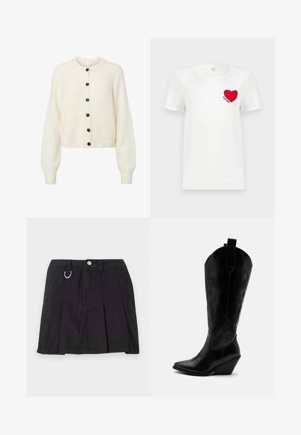 Blød hvid strikket cardigan med lange ærmer, ribbede manchetter og kant, samt seks mørke knapper ned langs midten foran.; Hvid T-shirt med korte ærmer, prydet med et rødt hjerte og ordet "AMOUR" trykt på venstre bryst.; Sort plisseret nederdel lavet af bomuld, med frontknaplukning, bæltestropper og en D-ring detalje i taljen.; Sort læder cowboystøvle med spidst tåparti, skråt blokhælhæl, dekorative sømme og trækstropper øverst mod hvid baggrund.