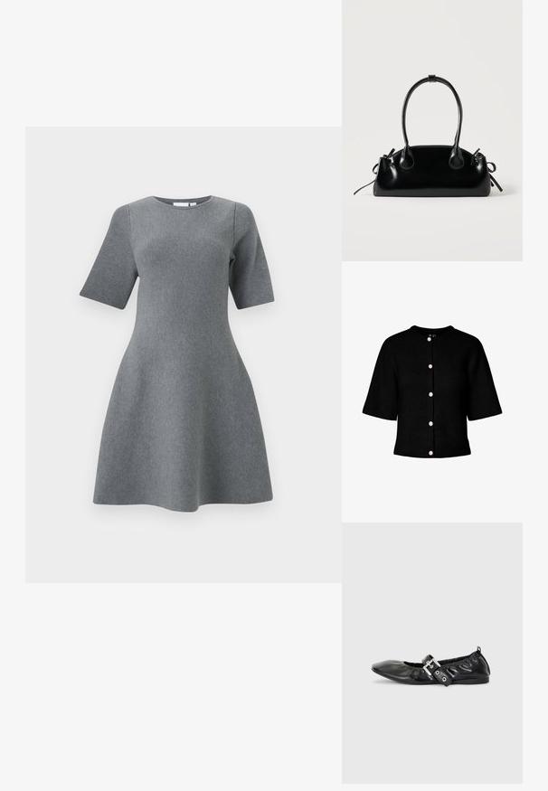 Cárdigan negro de punto con cuello redondo, mangas cortas y cinco botones rosas en la parte delantera. Presenta una textura acanalada.; Vestido gris de manga corta en línea A con escote redondo y tejido de punto texturizado, diseñado para un torso ajustado y una falda acampanada.; Zapato plano de piel negra con puntera afilada, detalle fruncido alrededor de la abertura y un acento de hebilla plateada en la correa ajustable.; Pequeño bolso negro brillante con dos asas largas y detalles de cordón lateral sobre un fondo claro liso.