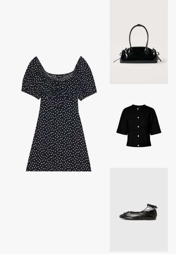 Schwarzer Strick-Cardigan mit rundem Ausschnitt, kurzen Ärmeln und fünf pinken Knöpfen vorne. Verfügt über eine gerippte Struktur.; Schwarzes kurzes Kleid mit weißen unregelmäßigen Polka-Dots, Puffärmel, quadratischem Ausschnitt und Frontbindedetail.; Schwarze Ballerinas aus Lackleder mit runder Spitze, Schnürdesign und flacher Sohle. Glatte Textur mit minimaler Verzierung.; Kleine schwarze glänzende Handtasche mit zwei langen Griffen und seitlichen Kordelzug-Details vor einfachem hellem Hintergrund.