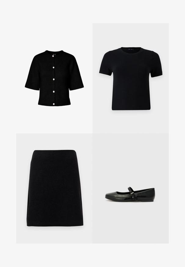 Schwarzer Strick-Cardigan mit rundem Ausschnitt, kurzen Ärmeln und fünf pinken Knöpfen vorne. Verfügt über eine gerippte Struktur.; Schwarzes T-Shirt mit kurzen Ärmeln und rundem Halsausschnitt, gefertigt aus weichem Stoff. Besitzt eine klassische Passform und ein sauberes, simples Design.; Schwarzer Minirock aus weichem Material, mit geradem Schnitt und nahtlosem Bund, ohne sichtbare Verschlüsse oder Muster.; Schwarze Leder-Ballerinas mit einer runden Spitze, einer flachen Sohle und einem dünnen, verstellbaren Riemen über dem Spann mit einer Metallschnalle.