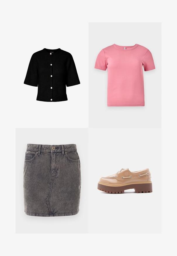 Zwarte gebreide cardigan met een ronde halslijn, korte mouwen en vijf roze knopen aan de voorkant. Heeft een geribbelde textuur.; Korte mouwen roze geribbelde T-shirt gemaakt van zachte stof, met een ronde halslijn en een iets getailleerd ontwerp.; Grijze spijkerrok met verticale ribbelstructuur, voorzien van een sluiting met knopen aan de voorkant, twee zijzakken en een rechte zoom.; Beige lakleren schoenen met een dikke bruine rubberen zool. Voorzien van zilverkleurige veteroogjes, decoratieve stiksels en een verhoogd logo aan de zijkant.