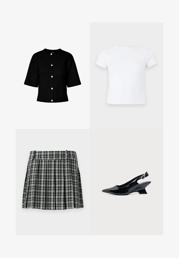 Sort strikket cardigan med rund halsudskæring, korte ærmer og fem lyserøde knapper ned foran. Har en ribstrikket struktur.; Hvid kortærmet t-shirt med rund hals vist på en neutral lys grå baggrund.; Sort-hvidt ternet plisseret nederdel med en glat talje og flere lodrette folder. Fremstillet af let stof.; Sort laklæder slingback sko med spids tå og lav vinklet blokhæl på ensartet lys baggrund.