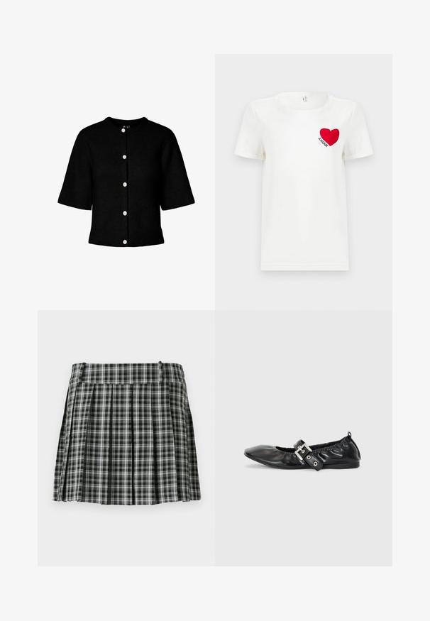 Cárdigan negro de punto con cuello redondo, mangas cortas y cinco botones rosas en la parte delantera. Presenta una textura acanalada.; Camiseta blanca de manga corta con un corazón rojo y la palabra "AMOUR" impresa en el área del pecho izquierdo.; Falda plisada de cuadros en blanco y negro con una cintura suave y múltiples pliegues verticales. Fabricada en un tejido ligero.; Zapato plano de piel negra con puntera afilada, detalle fruncido alrededor de la abertura y un acento de hebilla plateada en la correa ajustable.
