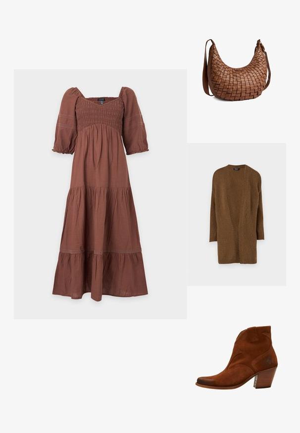 Brun strikket cardigan med åben front, lange ærmer og en struktureret mønster. Blødt materiale og afslappet pasform. Ingen lukninger eller pynt.; Brun midikjole med pufærmer i trekvart længde, smocket krop og lagdelt nederdel med blonder.; Brune ruskinds ankelsko med spids tå, dekorativ syning og stablet hæl. Har en sideklap for nem påtagning.; Brun skuldertaske i læder med flettet mønster, buet form og justerbar rem på hvid baggrund.