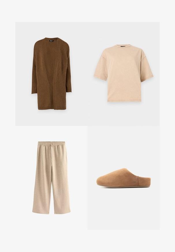 Brun strikket cardigan med åben front, lange ærmer og en struktureret mønster. Blødt materiale og afslappet pasform. Ingen lukninger eller pynt.; Beige oversized kortærmet T-shirt med rund hals, vist på en ensfarvet hvid baggrund.; Beige vide benbukser lavet af blødt stof, med en elastisk talje og snor, og en diskret prikket tekstur hele vejen igennem.; Tan ruskind slip-on hjemmesko med lukket tå, åben hæl, flad sål og lille UGG-logo på siden, vist i profil.