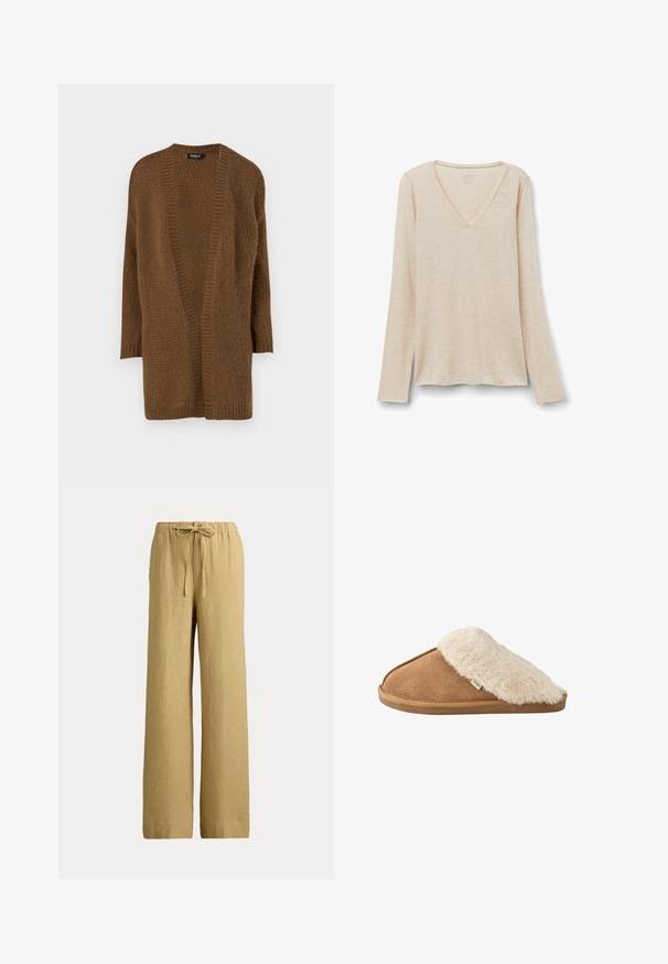 Cárdigan marrón de punto con un frente abierto, mangas largas y un patrón texturizado. Material suave y corte relajado. Sin cierres ni adornos.; Camiseta de manga larga con escote en V en tejido beige claro con una textura suave. Corte relajado con dobladillo recto y diseño minimalista.; Pantalones anchos de lino beige con cintura elástica y cordón ajustable en la parte delantera.; Zapatilla marrón tipo slip-on con forro y suela de pelo sintético beige suave, vista lateral sobre fondo blanco.