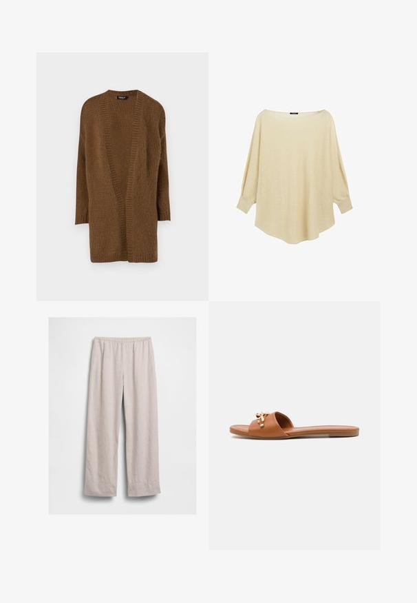 Brun strikket cardigan med åben front, lange ærmer og en struktureret mønster. Blødt materiale og afslappet pasform. Ingen lukninger eller pynt.; Løs cremefarvet sweater med bred bådudskæring og lange ærmer samlet i tilpassede manchetter.; Lysebeige løstsiddende bukser med elastisk taljebånd, lige ben og ingen synlige lommer, vist fladt mod en hvid baggrund.; Brun flad slidesandal med en bred rem, prydet med en dekorativ accent i guldton. Glat tekstur, minimalistisk design og lav profil.