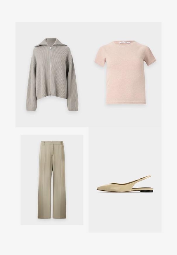 Pull en maille côtelée gris clair, zippé, avec un col évasé et des épaules tombantes. À noter un tissu texturé et une coupe cropped.; T-shirt à manches courtes rose clair en tissu côtelé, avec un col rond et une coupe décontractée. Design simple et sans couture.; Pantalons à jambes larges en tissu beige doux, avec un devant plat, des passants de ceinture et une texture lisse. Taille standard sans motifs visibles.; Chaussure plate beige à bout pointu avec bride arrière, petit talon noir et finition en cuir lisse, vue de côté sur un fond uni.