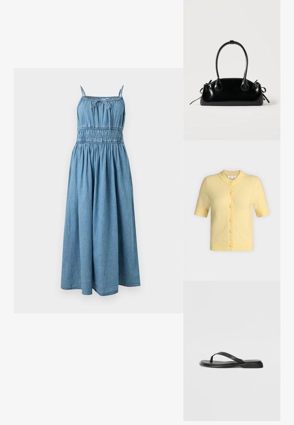 Cardigan jaune pastel à manches courtes, col rond, poignets et ourlet côtelés, avec six boutons assortis sur le devant.; Robe midi en denim bleu sans manches avec fines bretelles, taille froncée et un nœud noué au centre de la poitrine.; Tongs noires en cuir lisse, avec un design de sangle fine et une semelle plate à profil minimal. Aucun motif ou accent notables.; Petit sac à main noir brillant avec deux longues anses et des détails à cordon sur les côtés sur un fond clair uni.