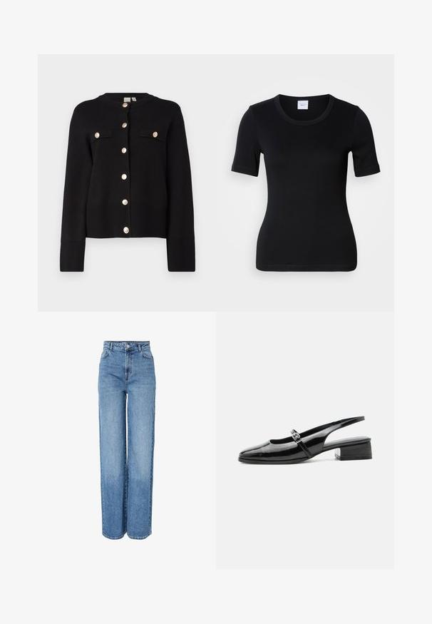 YAS YASPIMI - Cardigan - black; Sort t-shirt med korte ærmer fremstillet af blød bomuld. Har rund halsudskæring og en tætsiddende pasform med minimale syningsdetaljer.; Blå denimjeans med højtaljet, lige ben, foran med knap- og lynlåslukning, bæltestropper samt lommer foran og bagpå.; Sort laklæderslingback-sko med lav blokhæl og tynd rem med sølvspænde over toppen.