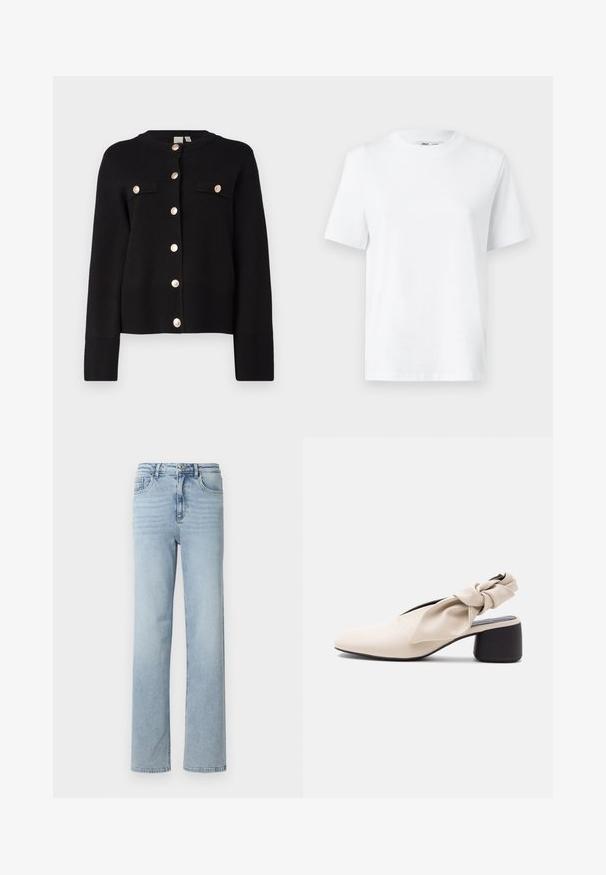 YAS YASPIMI - Cardigan - black; Hvid bomulds T-shirt med rund hals, kortærmet og en glat tekstur. Designet med en afslappet pasform for komfort og alsidighed.; Lyseblå denimjeans med lige ben, klassisk fem-lomme design og knap- og lynlåslukning i taljen.; Beige damesko med lav hæl, spids tå og en snoet remdetalje over vristen og hælen.