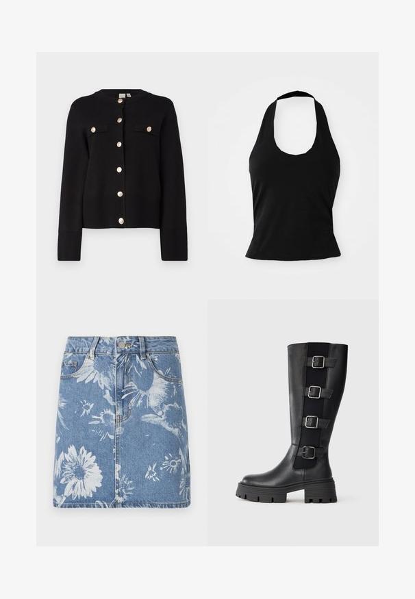 YAS YASPIMI - Vest - black; Zwarte haltertop gemaakt van zacht materiaal, met een ronde hals en een getailleerde pasvorm, voorzien van een gladde textuur en zonder zichtbare patronen.; Jeansrok met een lichtblauwe wassing, voorzien van witte bloemenpatronen, vijf zakken, een knoopsluiting aan de voorkant en een rafelige onderrand.; Zwarte leren kniehooglaarzen met drie verstelbare gespbanden aan de zijkant, stevige rubberen zool met ribbels voor extra grip.