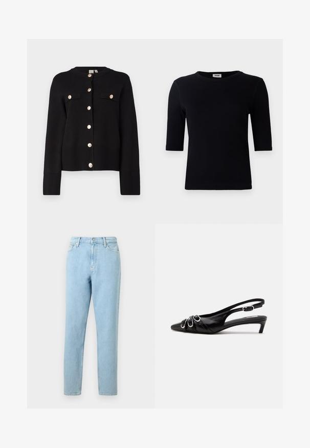 YAS YASPIMI - Cardigan - black; Sort ribbet t-shirt med rund halsudskæring og trekvart ærmer. Stoffet har en glat tekstur og lige kant. Ingen synlig branding.; Lyseblå denimjeans med lige ben, femlommers design og knaplukning. Har subtilt slid og en glat tekstur.; Sort læder slingback sko med spids tå, tre sølvspænder på forsiden og lav lille hæl på hvid baggrund.