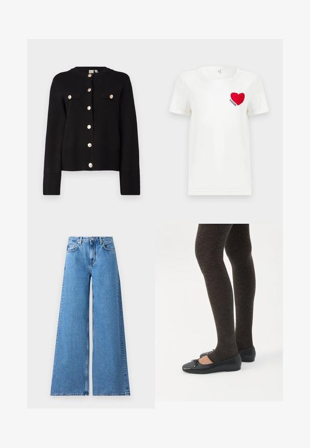 YAS YASPIMI - Chaqueta de punto - black; Camiseta blanca de manga corta con un corazón rojo y la palabra "AMOUR" impresa en el área del pecho izquierdo.; Jeans de mezclilla azul de pierna ancha con una cintura alta, que presentan un diseño clásico de cinco bolsillos y costuras a lo largo de los lados para un detalle adicional.; Piernas con leggings oscuros acanalados combinados con bailarinas negras que presentan pequeños detalles de lazo sobre un fondo blanco.