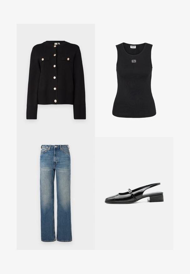 YAS YASPIMI - Vest - black; Zwarte mouwloze ribgebreide tanktop met ronde halslijn en klein wit geborduurd vierkant logo in het midden van de borst.; Hoge taille, wijde jeans in lichtblauwe denim met subtiele vervaging, vijf-pocket ontwerp en metalen hardware accenten.; Zwarte lakleren slingback schoen met een lage blokhak en een dunne band met zilveren gesp bovenop.