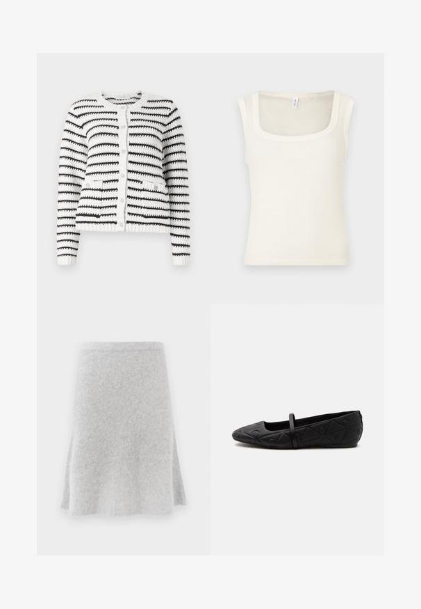 Copenhagen Muse KOTOM CARDIGAN - Gilet - jet stream/black; Débardeur sans manches de couleur crème avec un décolleté carré, une texture côtelée et une coupe ajustée. Tissu lisse avec des bords propres et droits.; Jupe en tricot gris avec un design évasé, texture douce et taille confortable. Le tissu semble chaud et adapté à un usage décontracté.; Chaussure plate noire avec un bout arrondi, un motif géométrique embossé et une fine bride unique sur le dessus, vue de profil.