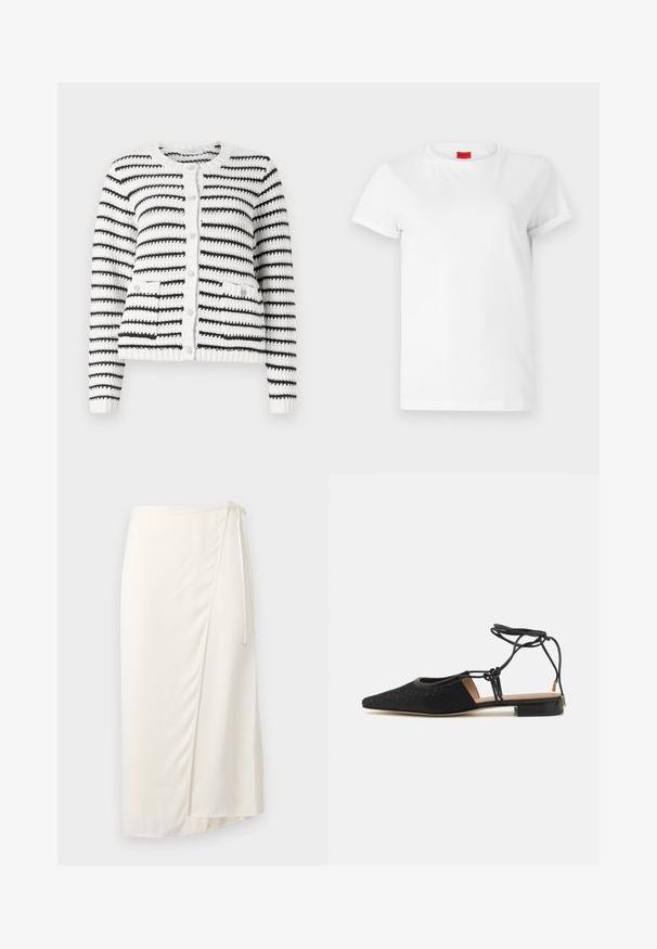 Copenhagen Muse KOTOM CARDIGAN - Kardigan - jet stream/black; Valge lühikeste varrukatega T-särk, mis on valmistatud kergest puuvillast. Omab ümmargust kaelust ja rullitud varrukaid. Kaelusel on punane logo sildike.; Kreemivärvi mähksekleit, mis on valmistatud siledast kangast, külgsuunas paelaga kinnitamine ja põlvekõrgune ääreline hem, millel on peen esisulg liikumise kerguse tagamiseks.; Must musta kinga, millel on terav varvas, tekstuuriga ülemine osa, pahkluutsid ja madal plokk konts. Materjalil on peen muster.
