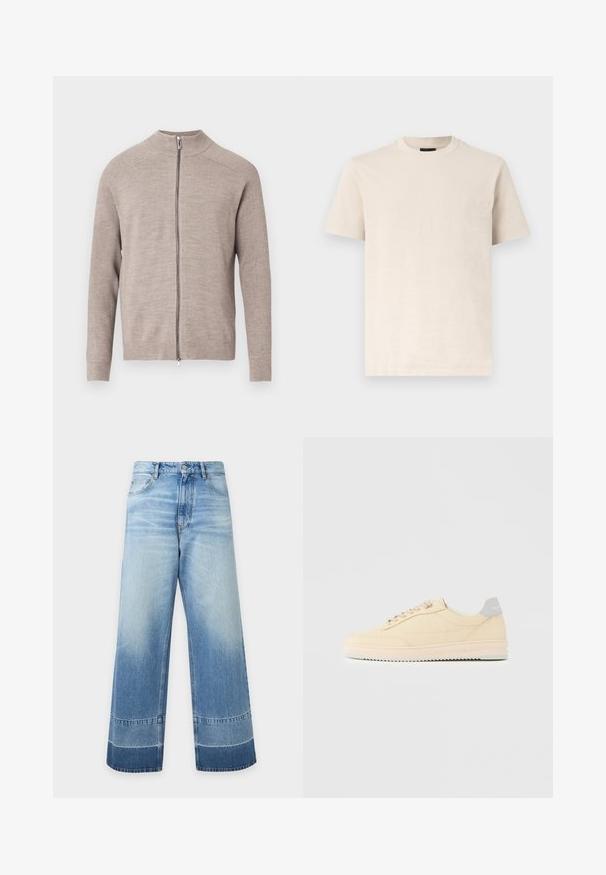 Beige cardigan med lynlås, høj krave, ribstrikket tekstur på ærmerne og glat krop. Har en lynlås foran. Materialet virker blødt.; Beige T-shirt med korte ærmer og rund hals med en subtil, tekstureret logo på venstre bryst, vist på en ensartet hvid baggrund.; Vidde, lyseblå denimjeans med falmede detaljer og mørkere farveblokke nær kanten, foran knap og synlige lommer.; Beige lavtop sneaker med snørelukning foran, lyserød sål og grå hællap med mærket "Filling Pieces", vist i profil på ensfarvet baggrund.