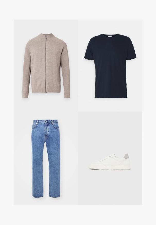 Beige cardigan med lynlås, høj krave, ribstrikket tekstur på ærmerne og glat krop. Har en lynlås foran. Materialet virker blødt.; Marineblå bomulds t-shirt med rund hals og korte ærmer, med en glat tekstur og enkel design, uden synlige mønstre eller accenter.; Won Hundred STEVE - Jeans Relaxed Fit - cut blue; Hvid lavtop-sneaker med gråt hælflig, hvide snørebånd og tekstureret sål, vist på en ensfarvet lys baggrund.