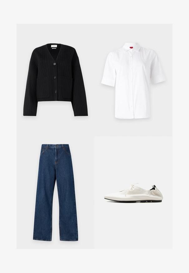 Sort vest cardigan med striber og knapper, V-hals og to frontlommer på ensfarvet hvid baggrund.; Hvid kortærmet skjorte med knaplukning og klassisk krave, lavet af glat stof. Har et broderet logo på venstre brystområde.; Mørkeblå brede jeans lavet af denim med et klassisk fem-lomme design. Har kontrastsyning og en frontlukning med knap.; Hvid minimalistisk lædersko med indstukket hæl, snørelukning og tynd sort sål på ensfarvet baggrund.