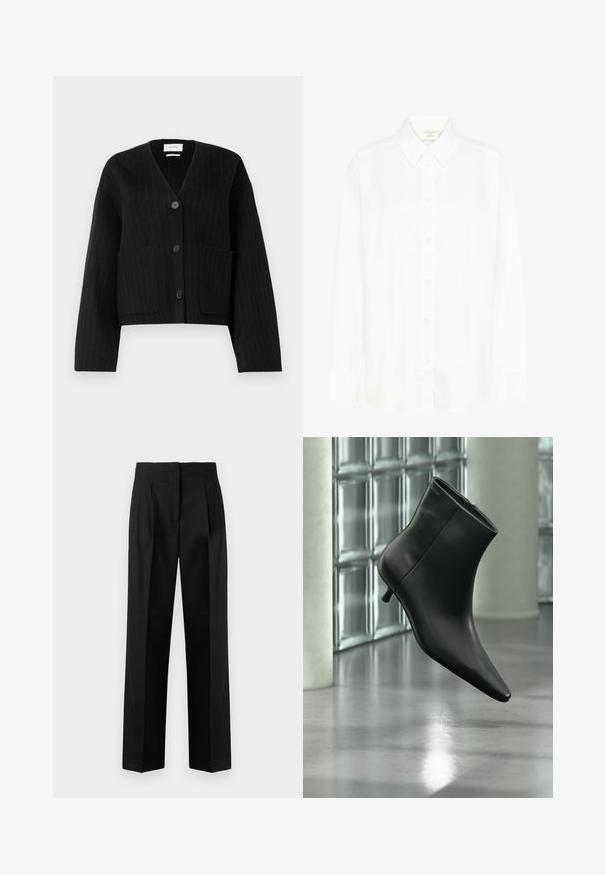 Cardigan noir à rayures avec boutons, en V et deux poches avant sur fond blanc uniforme.; Chemise blanche à manches longues avec col classique et coupe régulière. Fabriquée en tissu lisse, avec huit boutons sur le devant.; Pantalon noir en tissu tissé, avec une coupe sur mesure, des plis, une jambe droite et un devant plat. Texture durable et lisse.; Bottine en cuir noir à bout pointu et petit talon kitten, présentée en angle devant un sol poli et un mur en blocs de verre.