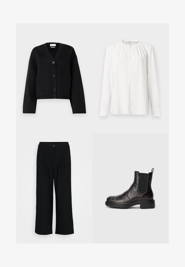 Cardigan negro a rayas con botones, escote en V y dos bolsillos frontales sobre un fondo blanco liso.; Blusa blanca de manga larga con cuello redondo, detalles plisados y cierre de botones en la parte delantera. Fabricada en una tela ligera y texturizada.; Pantalones de pierna ancha negros, confeccionados en una tela suave, con pliegues frontales, una cinturilla con cierre de botón y una silueta fluida.; Botas Chelsea de cuero marrón con textura de cocodo, paneles laterales elásticos, punta redondeada, suela negra resistente y marca en el talón.