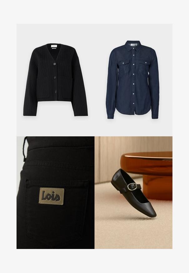 Sort vest cardigan med striber og knapper, V-hals og to frontlommer på ensfarvet hvid baggrund.; Marineblå knap-up skjorte i let materiale, med to forlommer, lange ærmer og en klassisk krave med buet kant.; Sorte stofbukser med en baglomme, der har et brunt mærke prægede med "Lois" i mørk skrift. Syningerne er synlige.; Sort Mary Jane flatsko i læder med sølvspænde, vist på beige tæppe nær en brun rund bordfod.